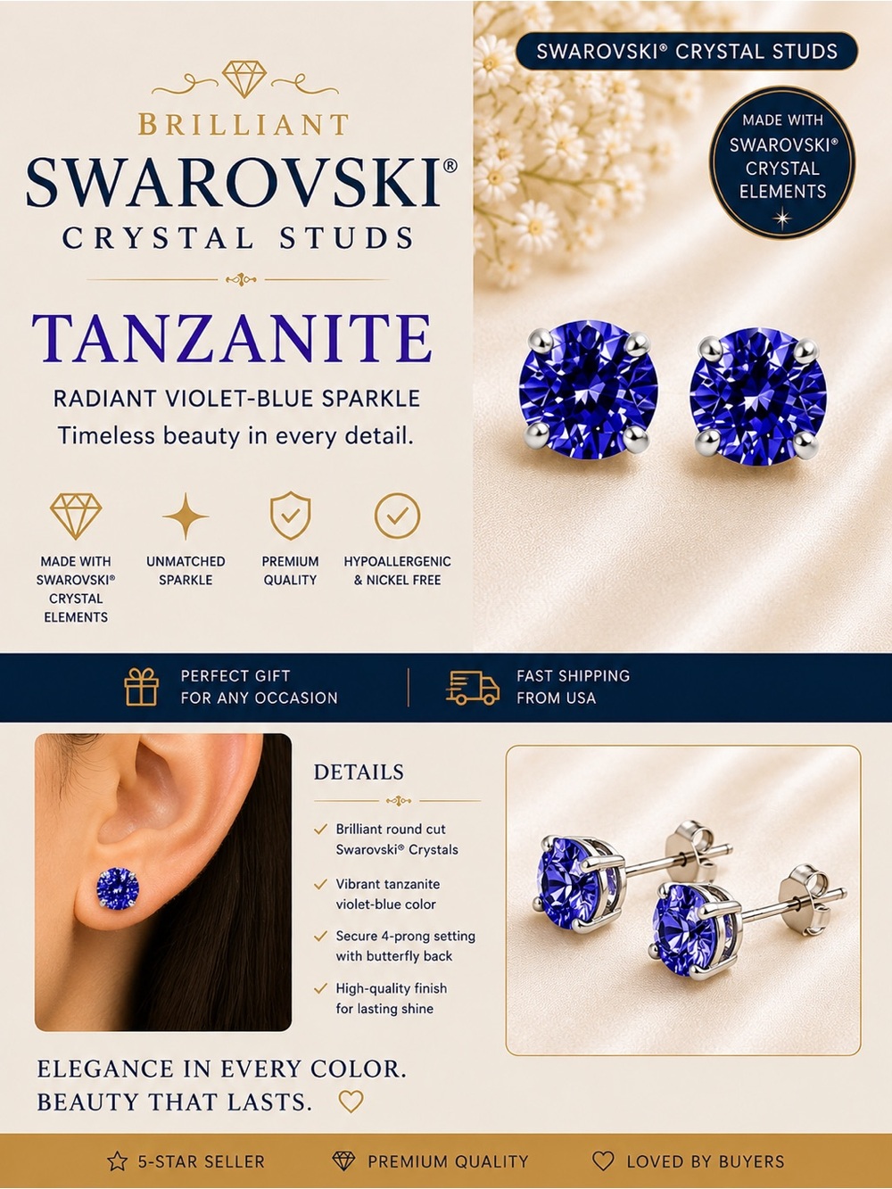 Tanzanite Violet-Blue Crystal Stud Earrings